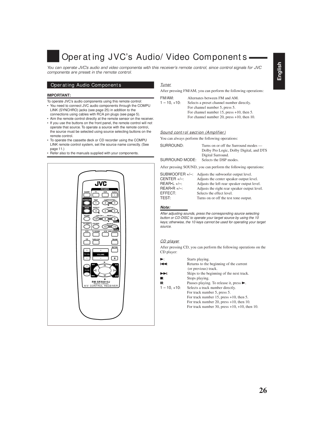 JVC RX-6010VBK Operating JVC’s Audio/Video Components, Operating Audio Components, Tuner, Sound control section Amplifier 