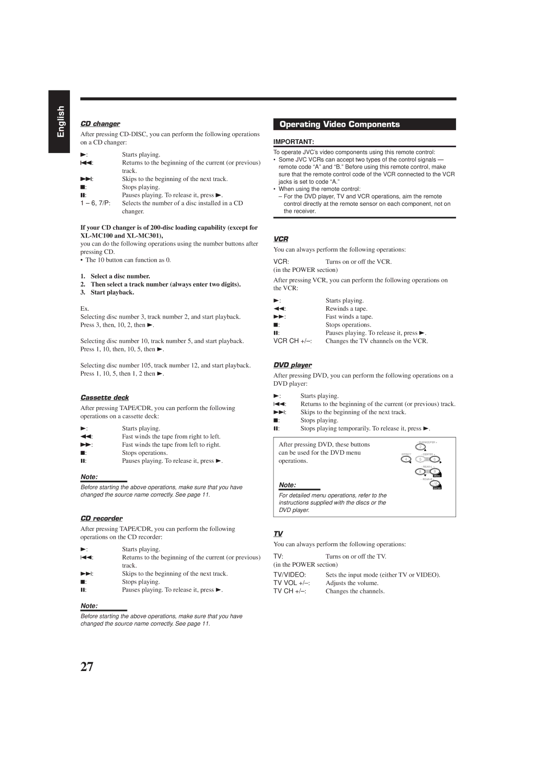 JVC RX-6010VBK manual Operating Video Components, CD changer, Cassette deck, CD recorder, DVD player 