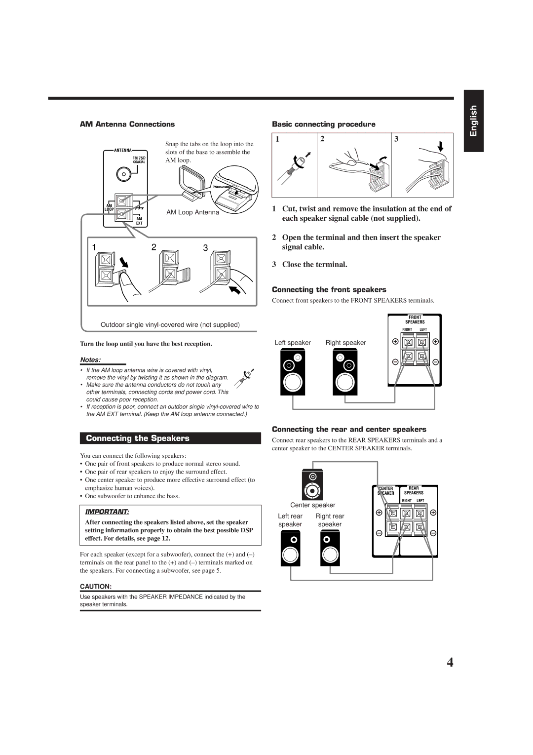 JVC RX-6010VBK Connecting the Speakers, AM Antenna Connections, Basic connecting procedure, Connecting the front speakers 