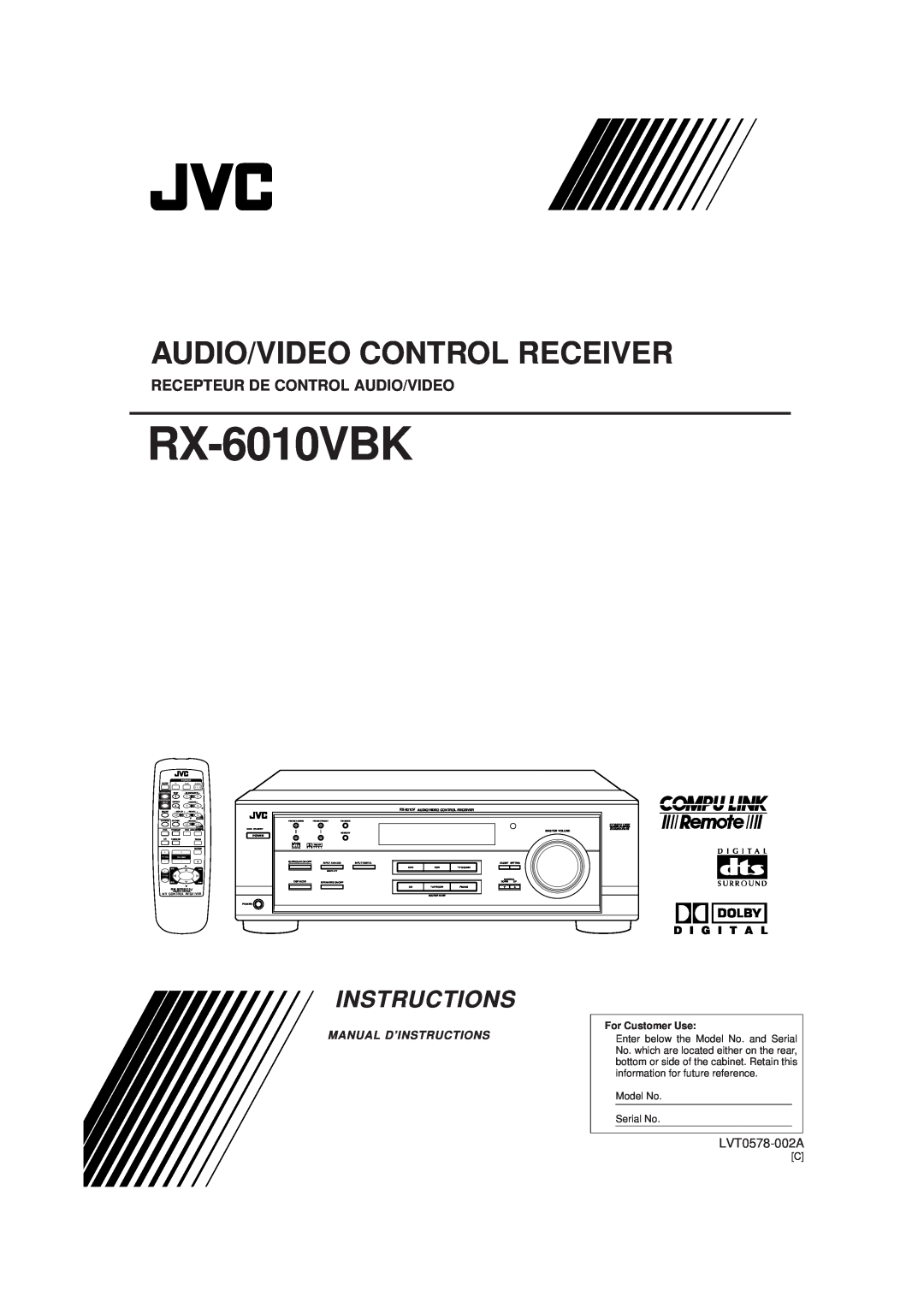 JVC RX-6010VBK manual Recepteur De Control Audio/Video, Audio/Video Control Receiver, Instructions, LVT0578-002A, Power 