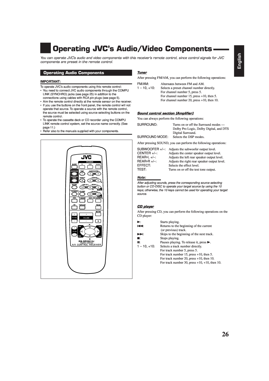 JVC RX-6010VBK manual Operating JVC’s Audio/Video Components, Operating Audio Components, English, Tuner, CD player 