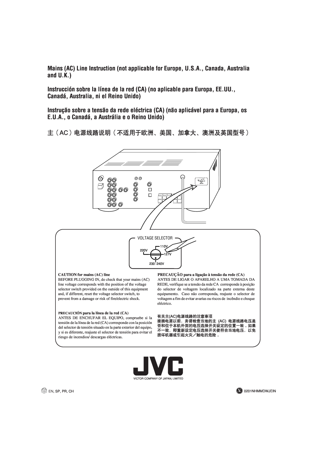 JVC RX-6012VSL manual CAUTION for mains AC line, PRECAUCIÓN para la línea de la red CA, En, Sp, Pr, Ch, V 0201NHMMDWJEIN 