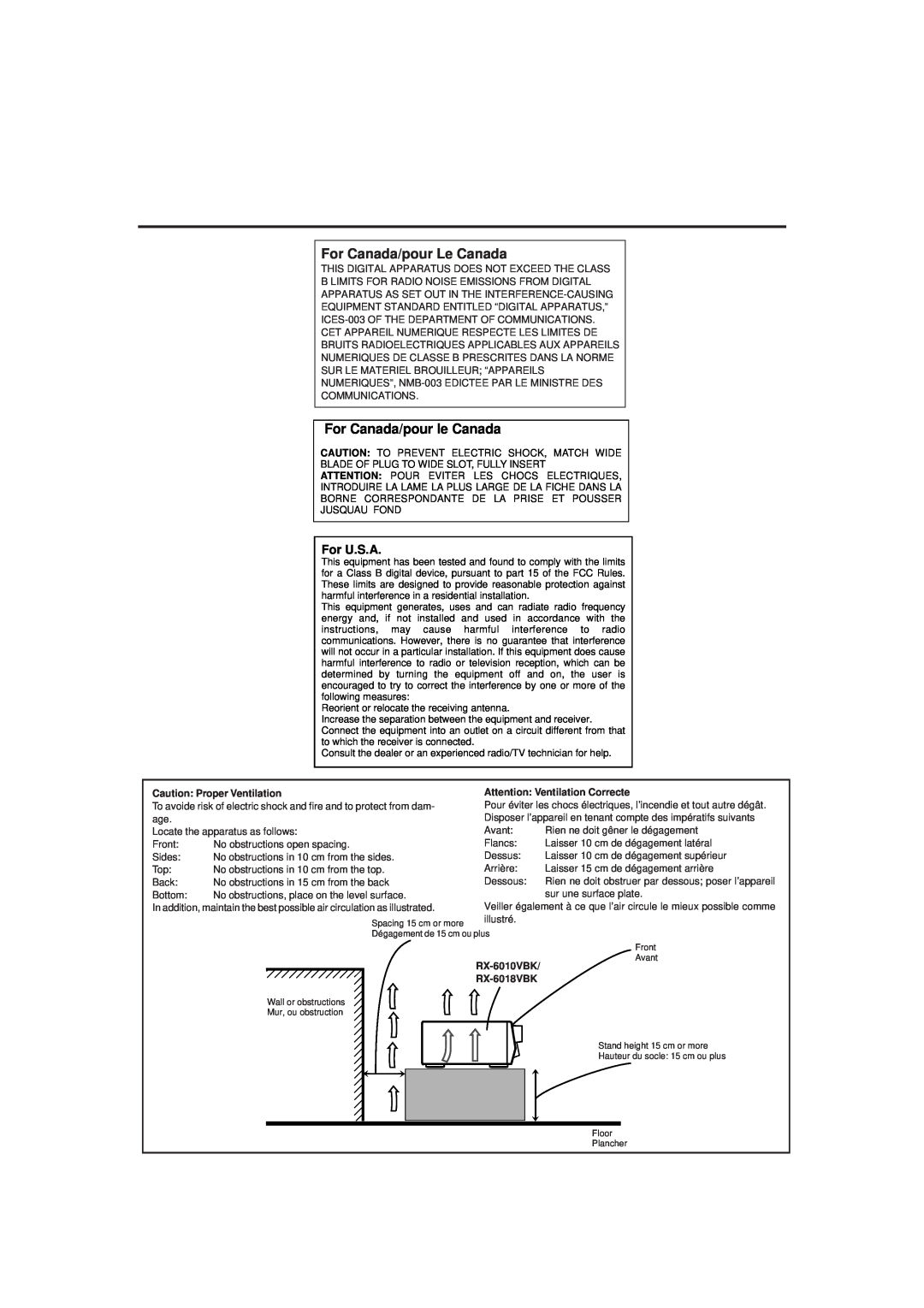 JVC RX-6018VBK manual For Canada/pour Le Canada, For Canada/pour le Canada, For U.S.A, Caution Proper Ventilation 