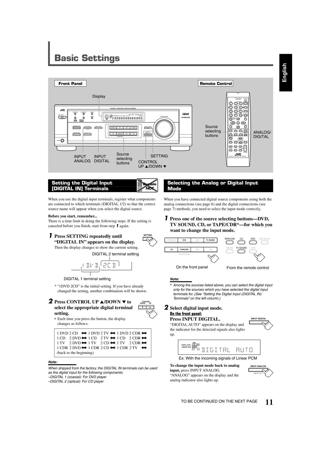 JVC RX-6020VBK manual Basic Settings, Selecting the Analog or Digital Input Mode 