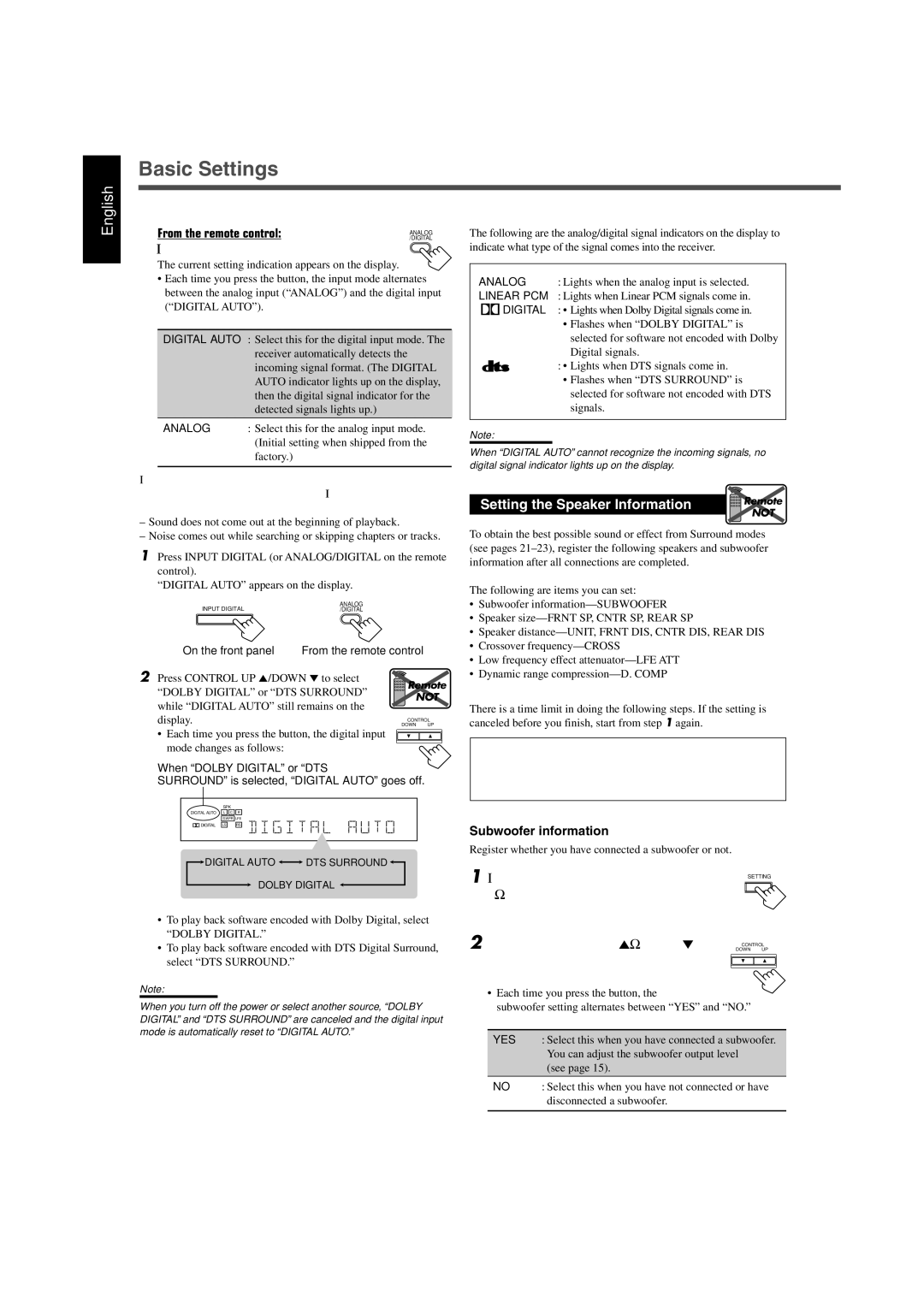 JVC RX-6020VBK manual Press ANALOG/DIGITAL, Setting the Speaker Information Remote, Subwoofer information 