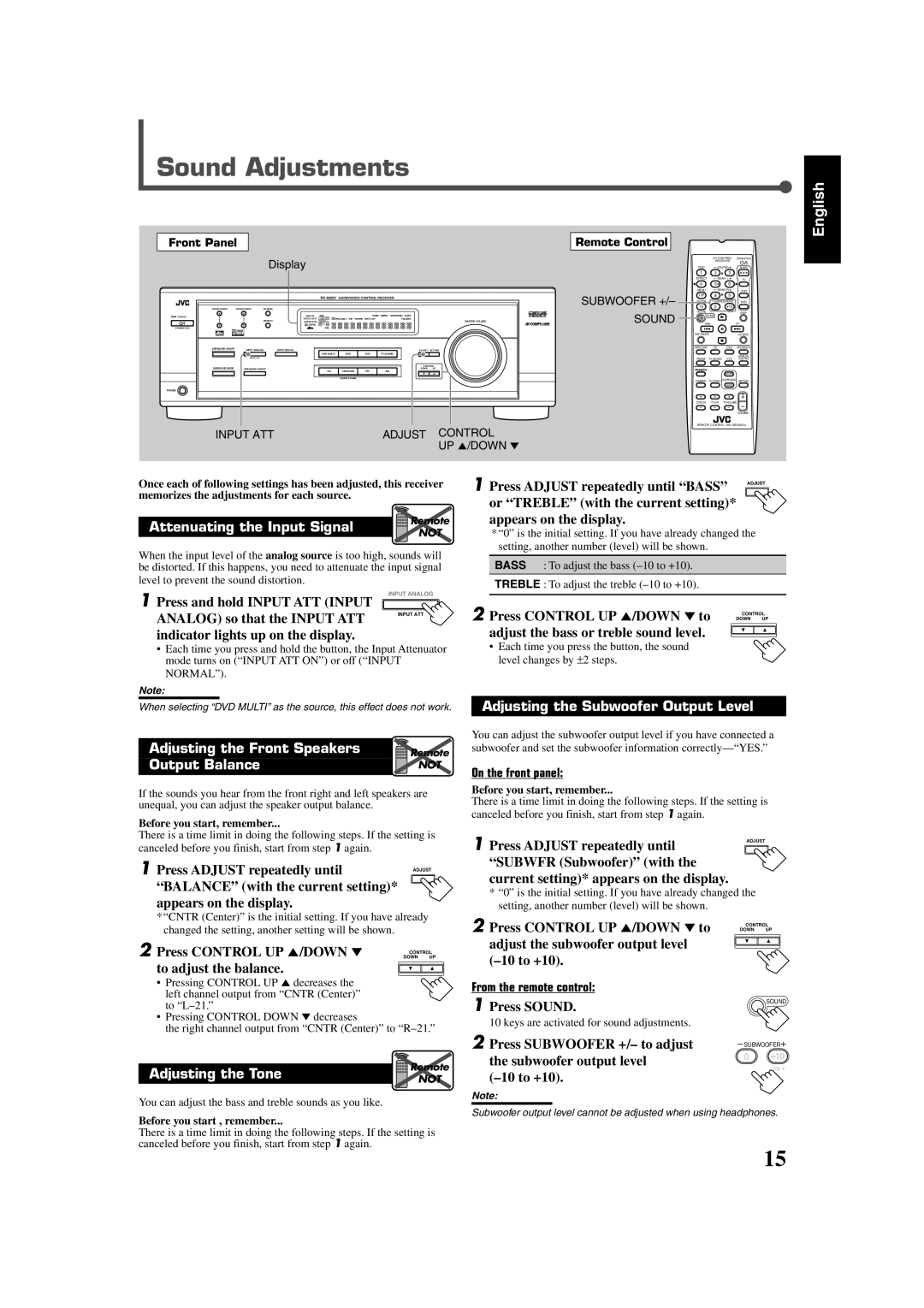 JVC RX-6020VBK manual Sound Adjustments, Adjusting the Subwoofer Output Level 