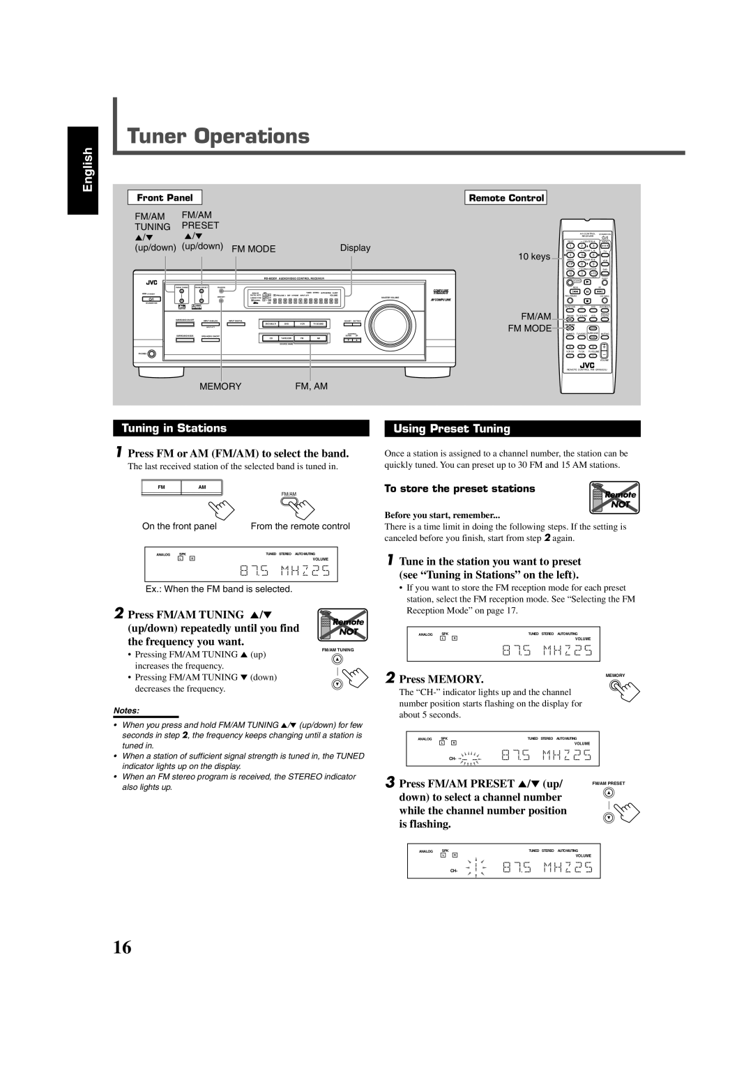 JVC RX-6020VBK manual Tuner Operations, Tuning in Stations, Using Preset Tuning 