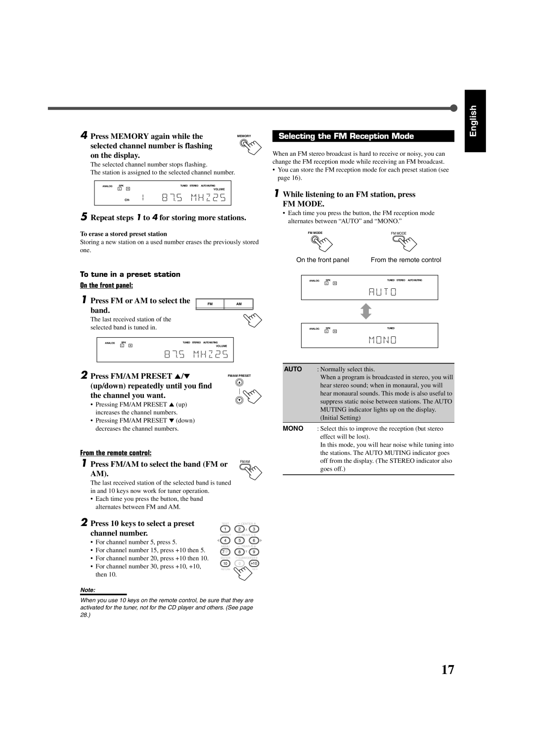 JVC RX-6020VBK manual Selecting the FM Reception Mode 