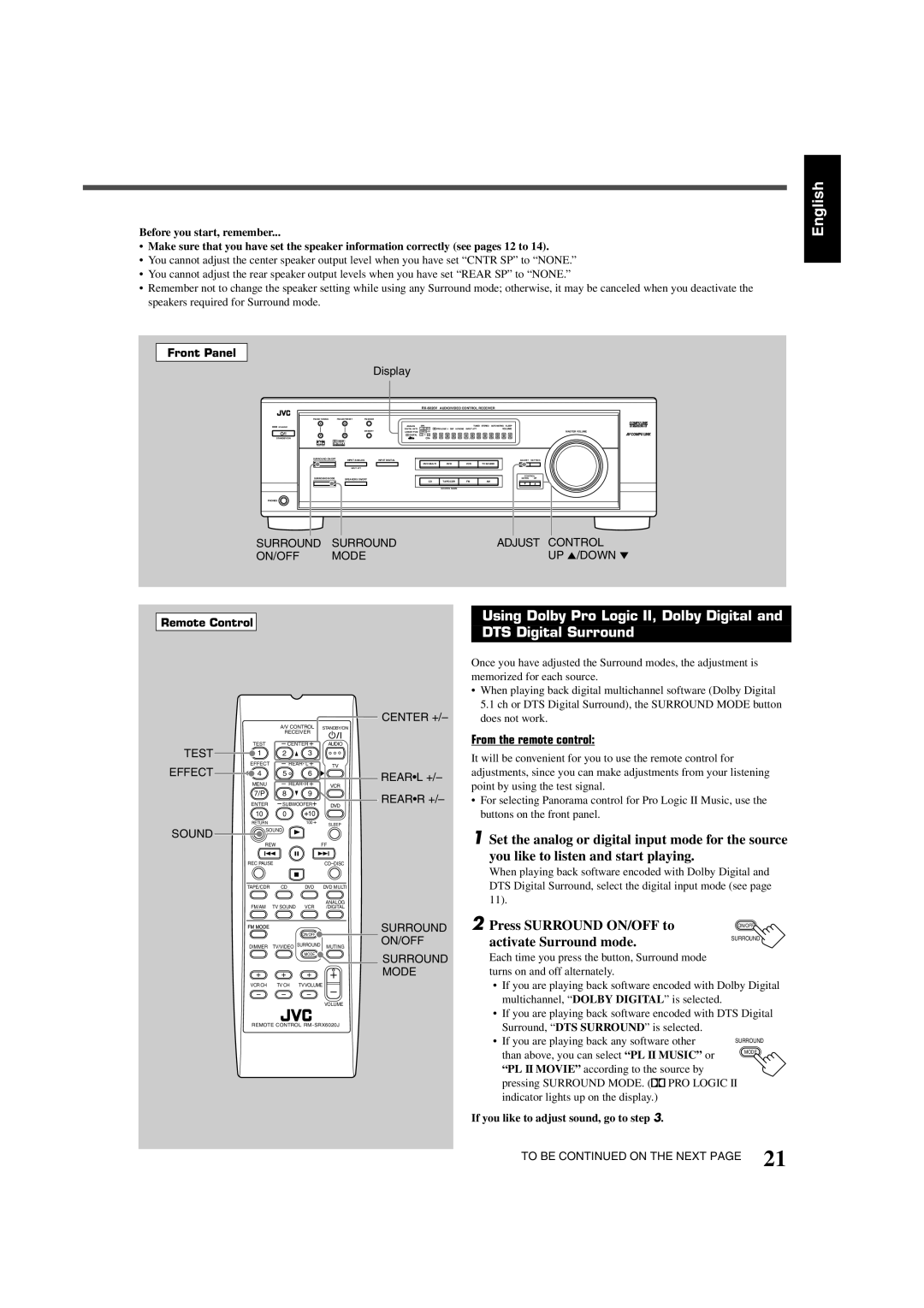 JVC RX-6020VBK Press Surround ON/OFF to, Activate Surround mode, Rearl + Rearr +, If you like to adjust sound, go to step 