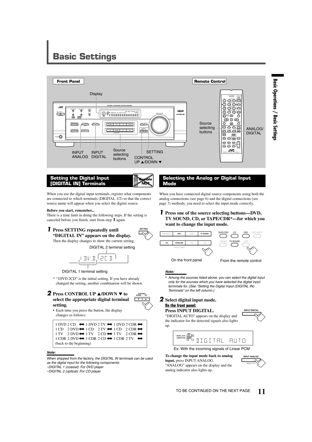 JVC RX-6020VBK manual Setting the Digital Input, Digital in Terminals 