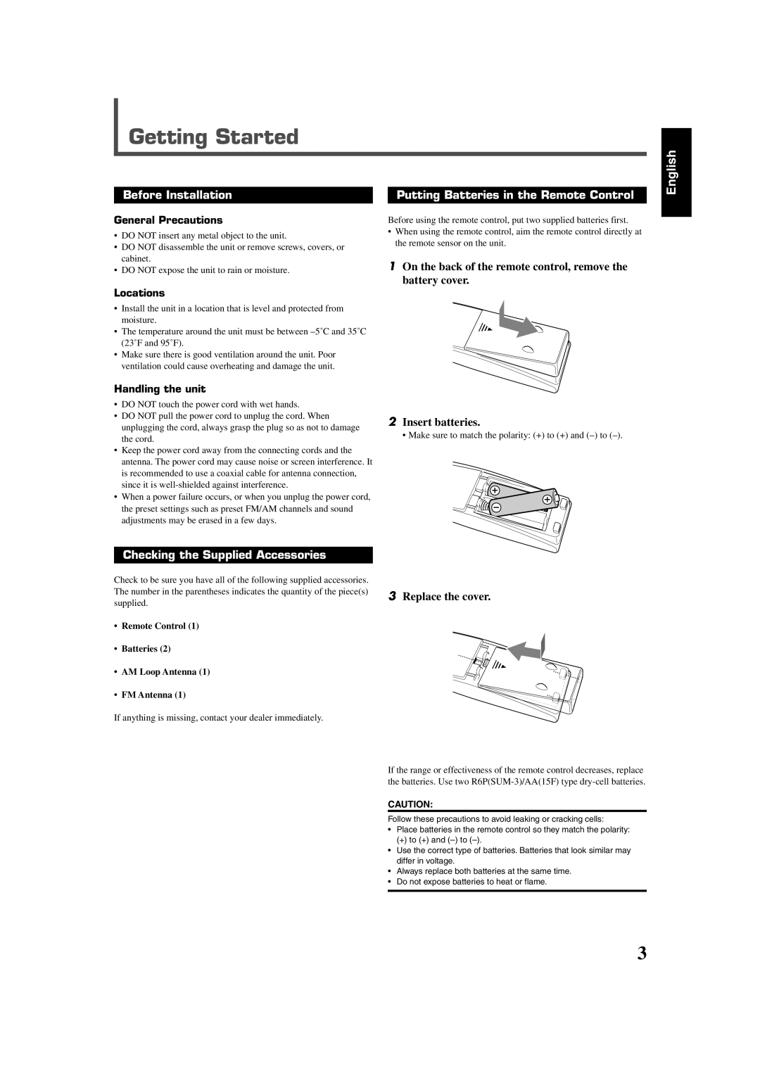 JVC RX-6020VBK manual Getting Started, Before Installation Putting Batteries in the Remote Control, Replace the cover 