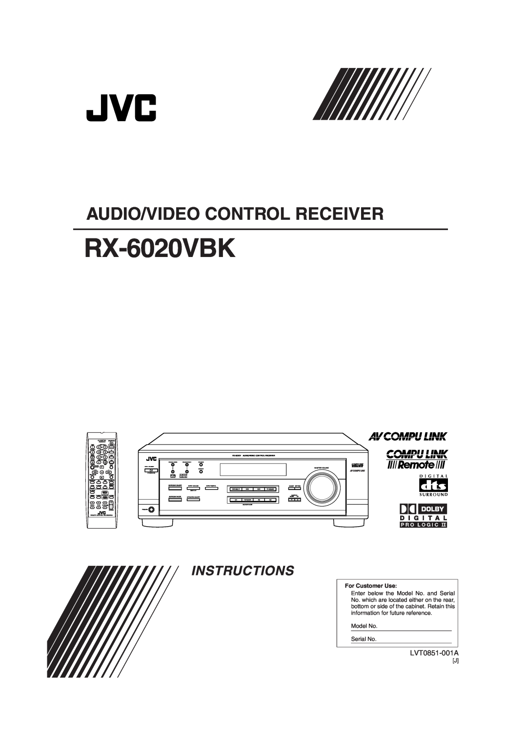 JVC RX-6020VBK manual Audio/Video Control Receiver, Instructions, LVT0851-001A 