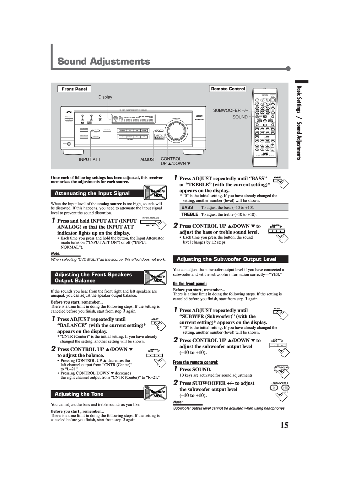 JVC RX-6020VBK manual Sound Adjustments, Attenuating the Input Signal, Adjusting the Front Speakers, Output Balance 