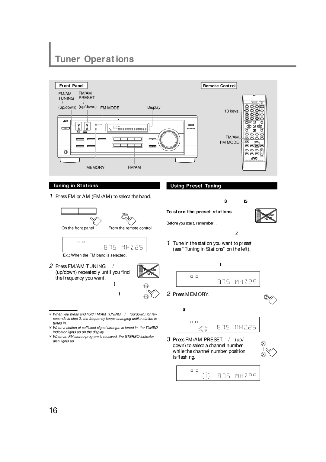 JVC RX-6022VSL manual Tuner Operations, Tuning in Stations, Using Preset Tuning 