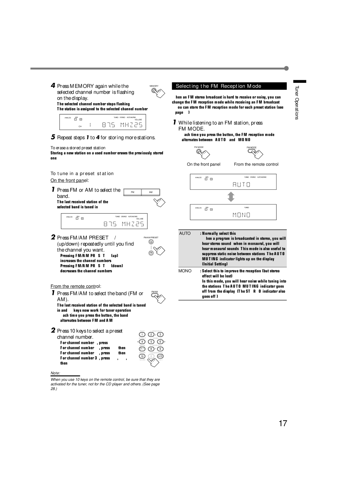 JVC RX-6022VSL manual Tuner Operations, Selecting the FM Reception Mode 