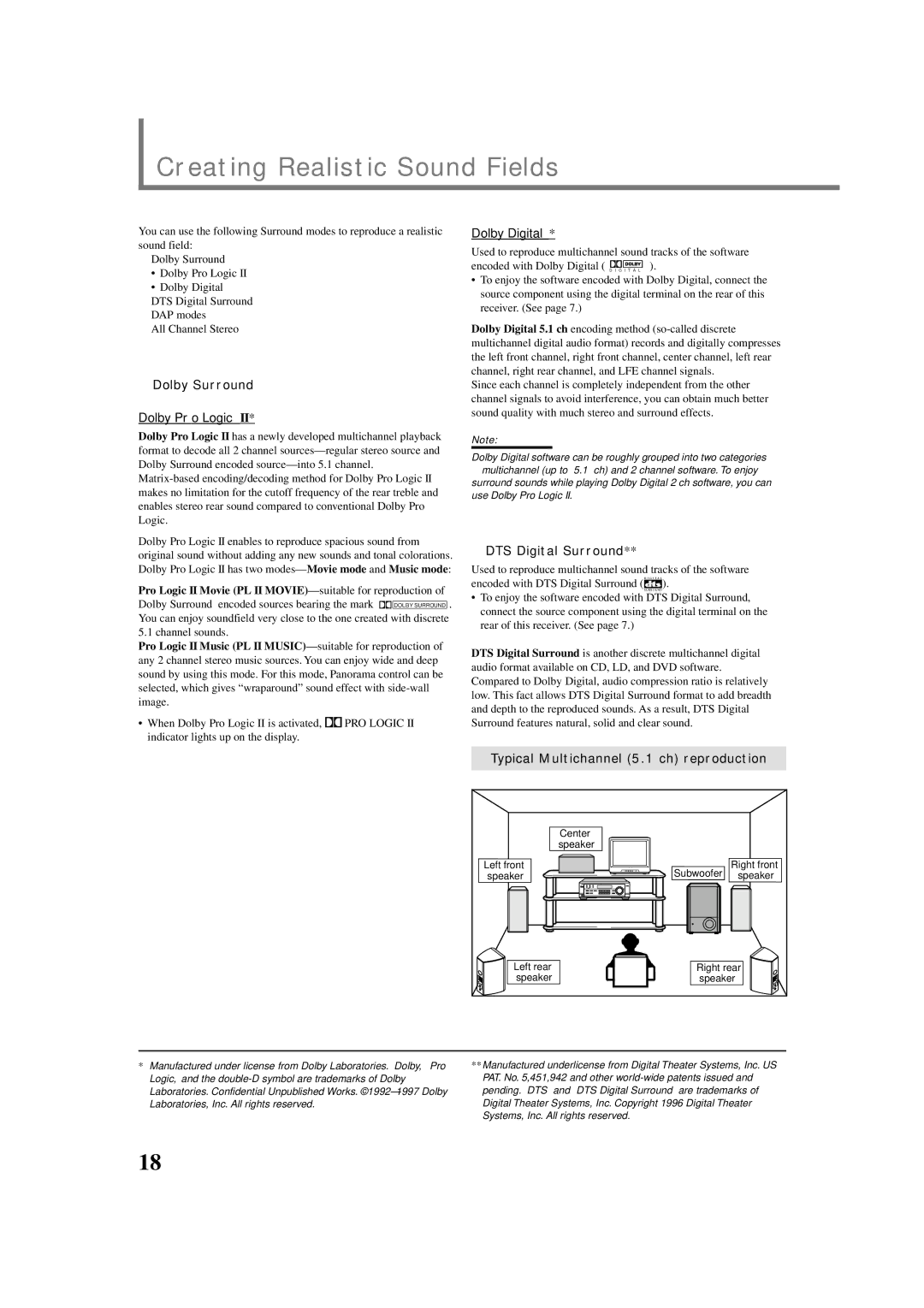 JVC RX-6022VSL manual Creating Realistic Sound Fields, Dolby Surround, DTS Digital Surround 