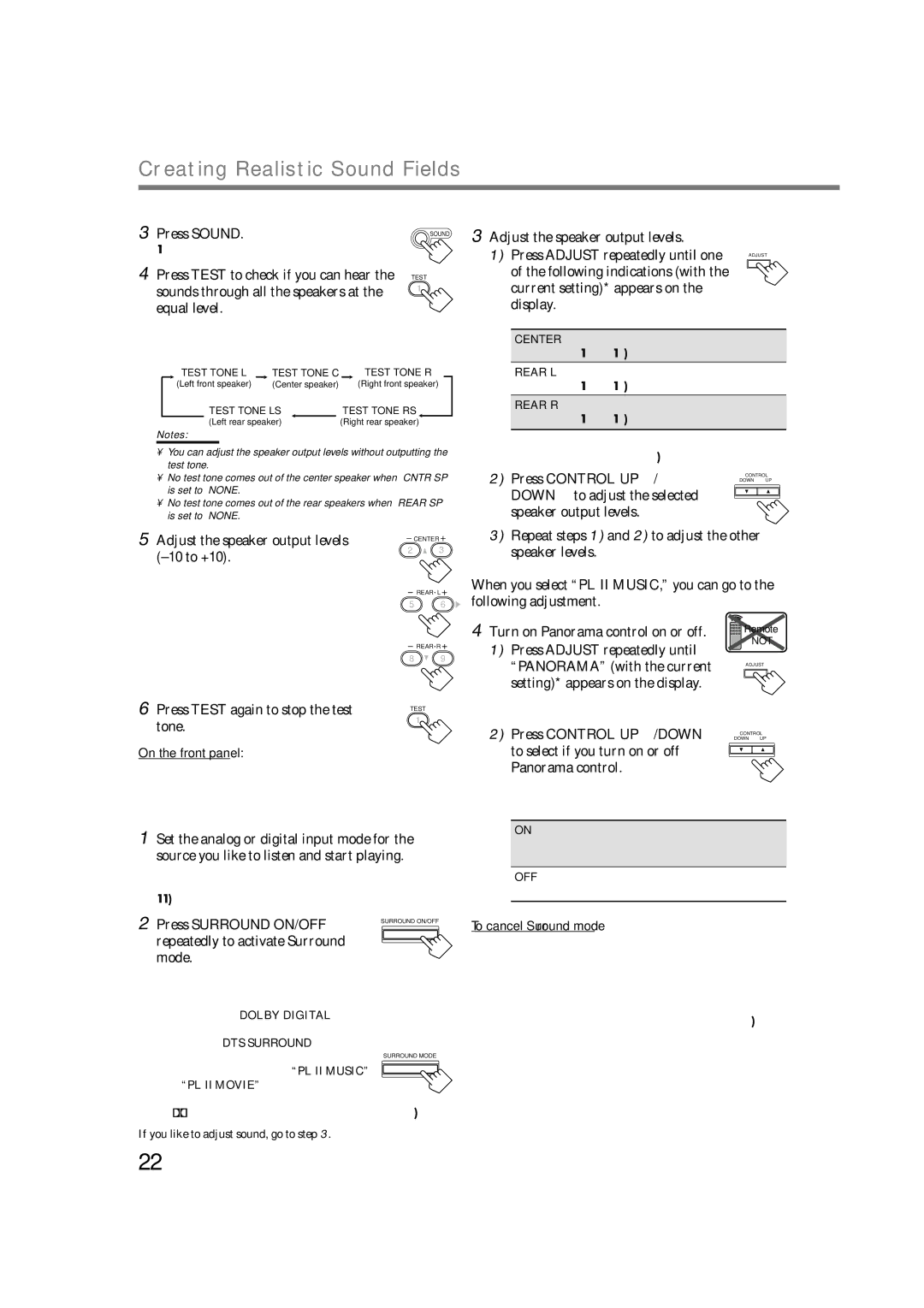 JVC RX-6022VSL manual Press Control UP, Adjust the speaker output levels 10 to +10, Panorama with the current, Tone 