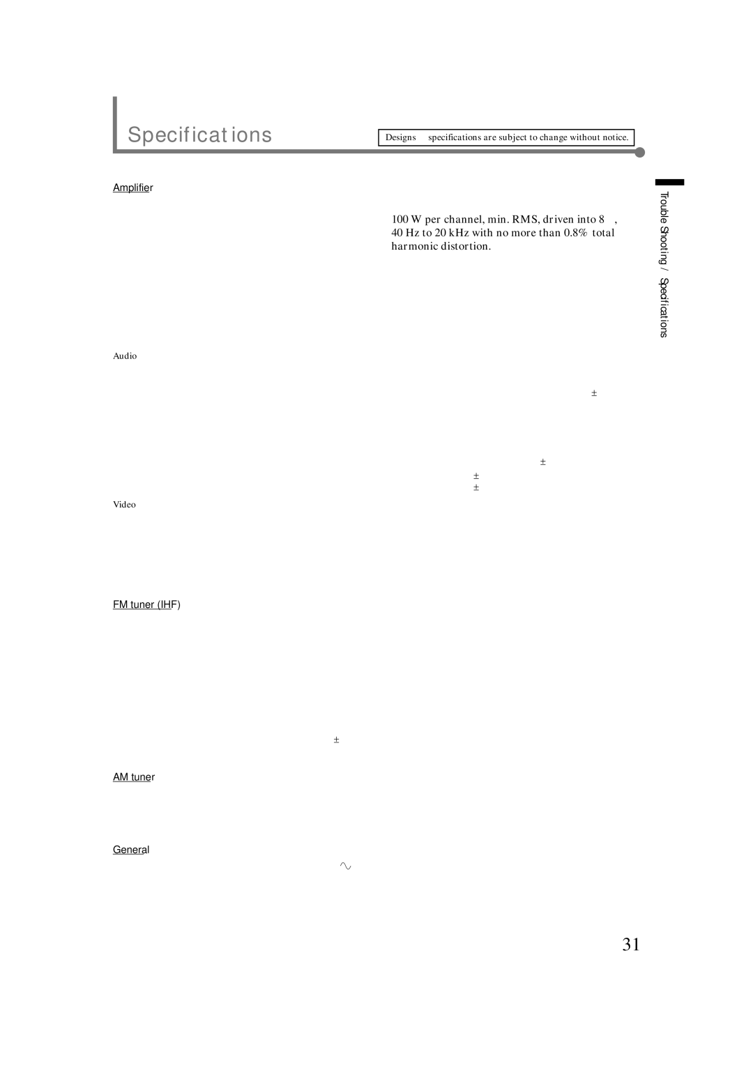 JVC RX-6022VSL manual Specifications, Per channel, min. RMS, driven into 8 Ω, Hz to 20 kHz with no more than 0.8% total 