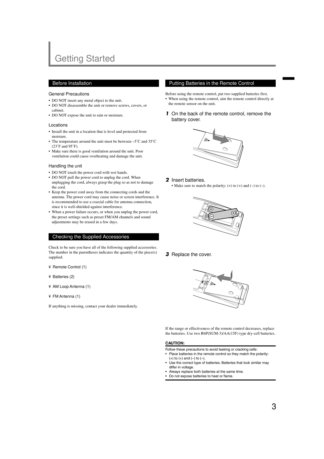 JVC RX-6022VSL manual Identification / Getting Started, Before Installation Putting Batteries in the Remote Control 