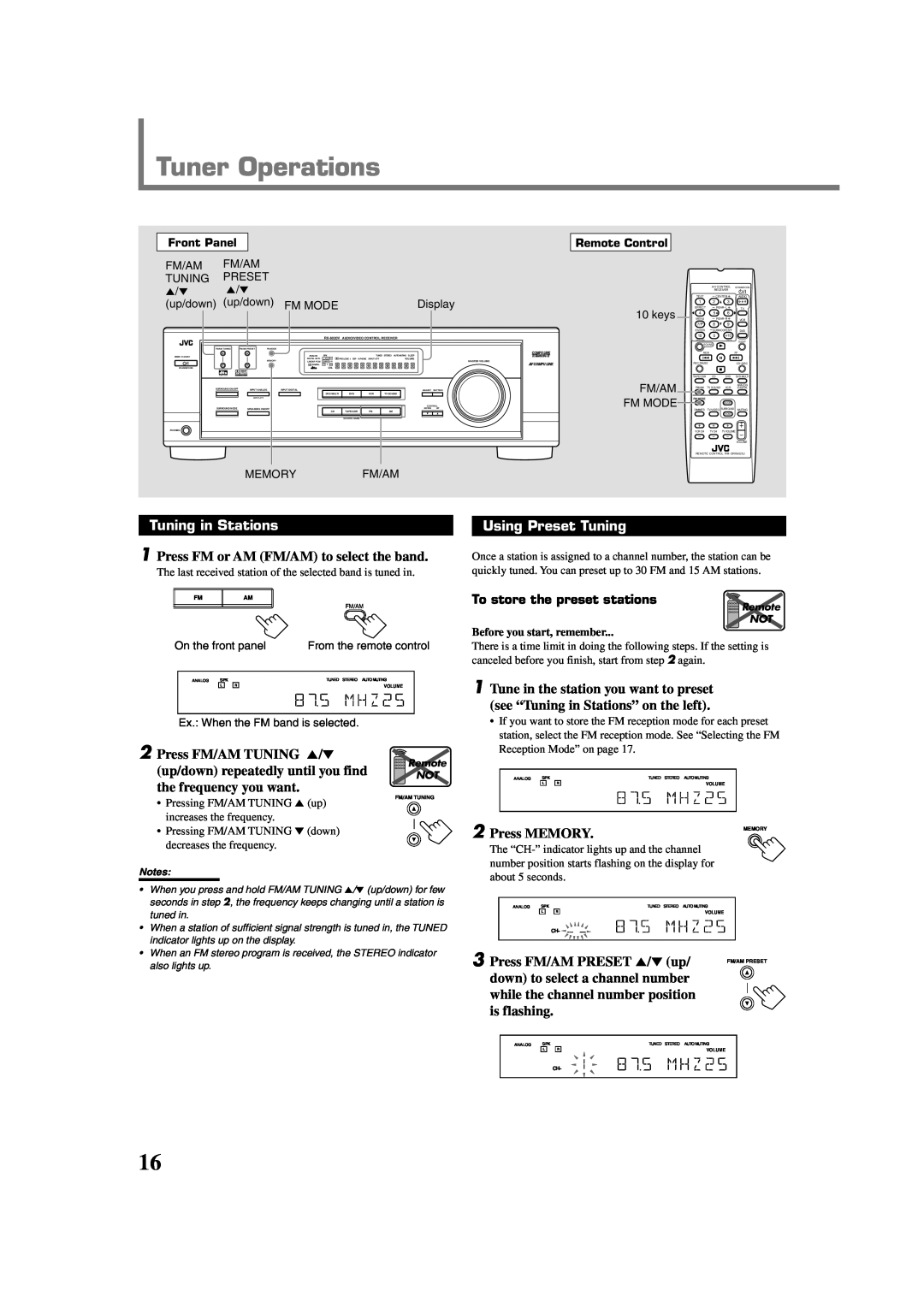 JVC RX-6022VSL manual Tuner Operations, Tuning in Stations, Using Preset Tuning, Tune in the station you want to preset 