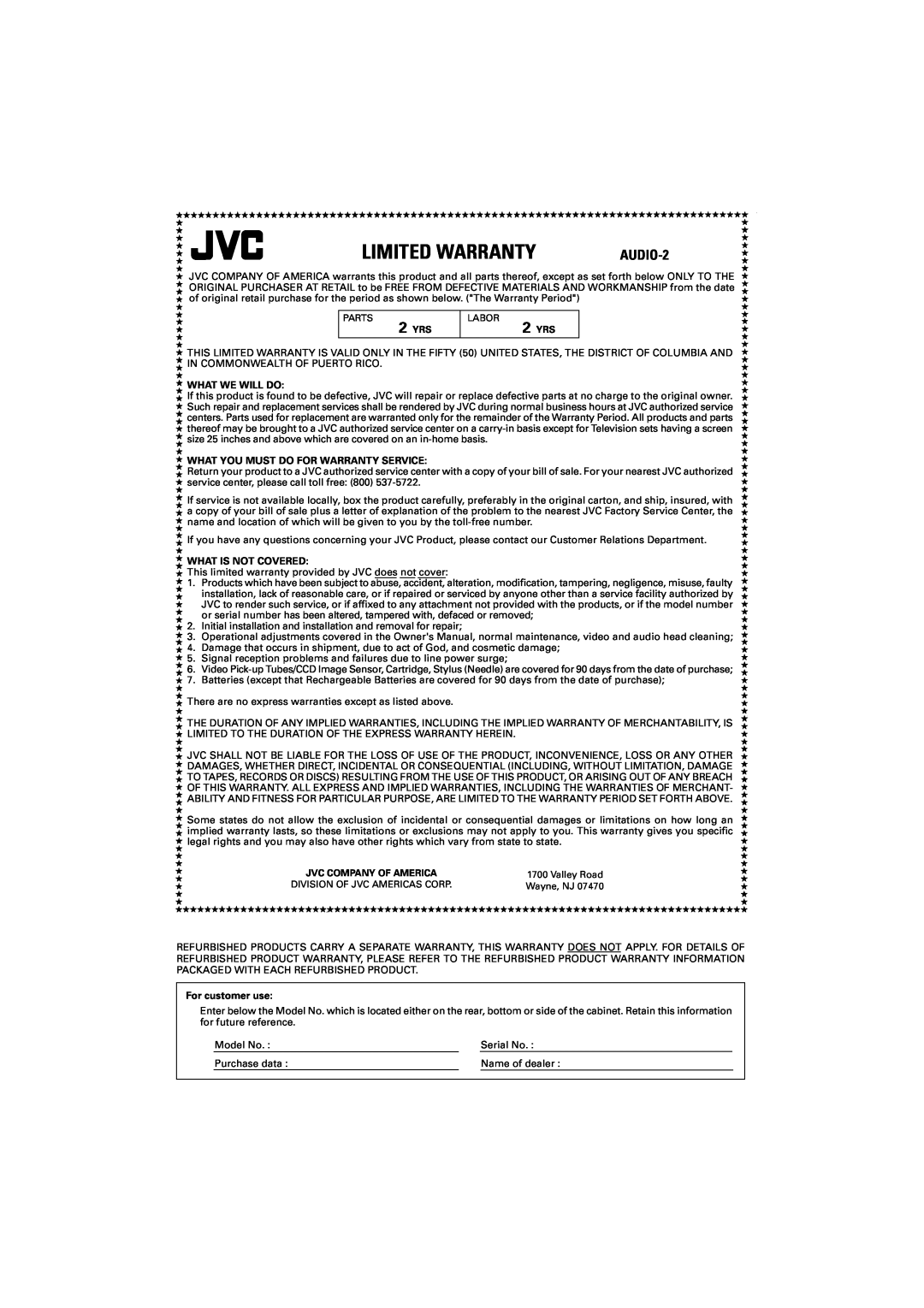 JVC RX-6022VSL Limited Warranty, AUDIO-2, What We Will Do, What You Must Do For Warranty Service, What Is Not Covered 