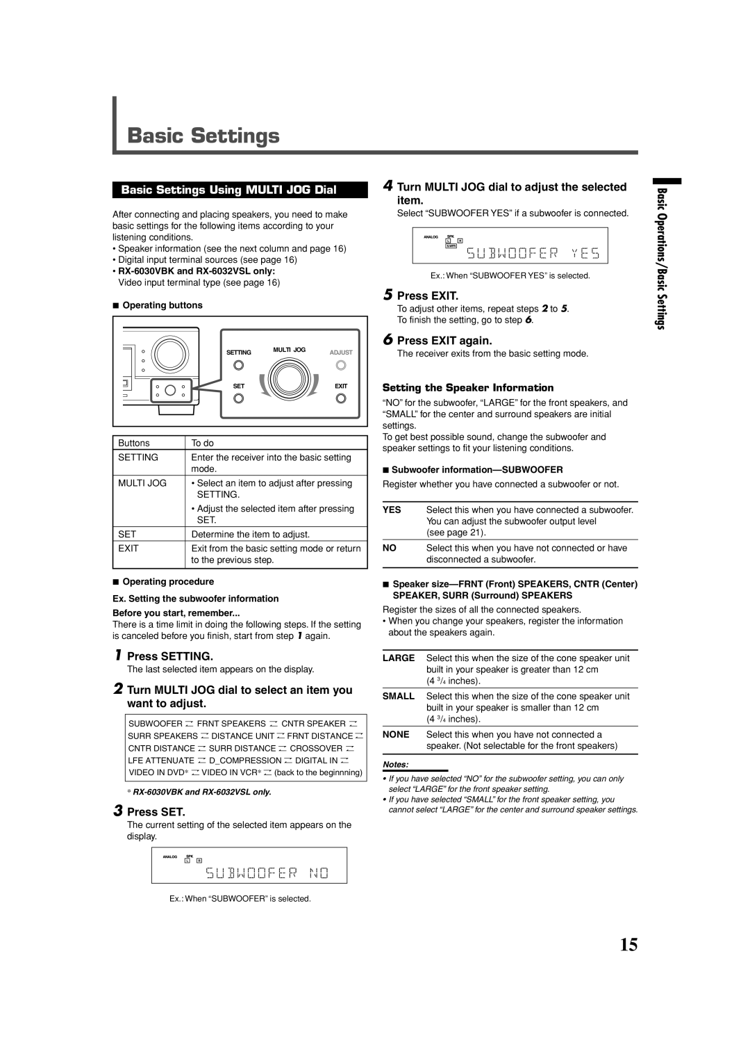 JVC RX-6030VBK, RX-6032VSL, RX-5032VSL manual Basic Settings Using Multi JOG Dial 