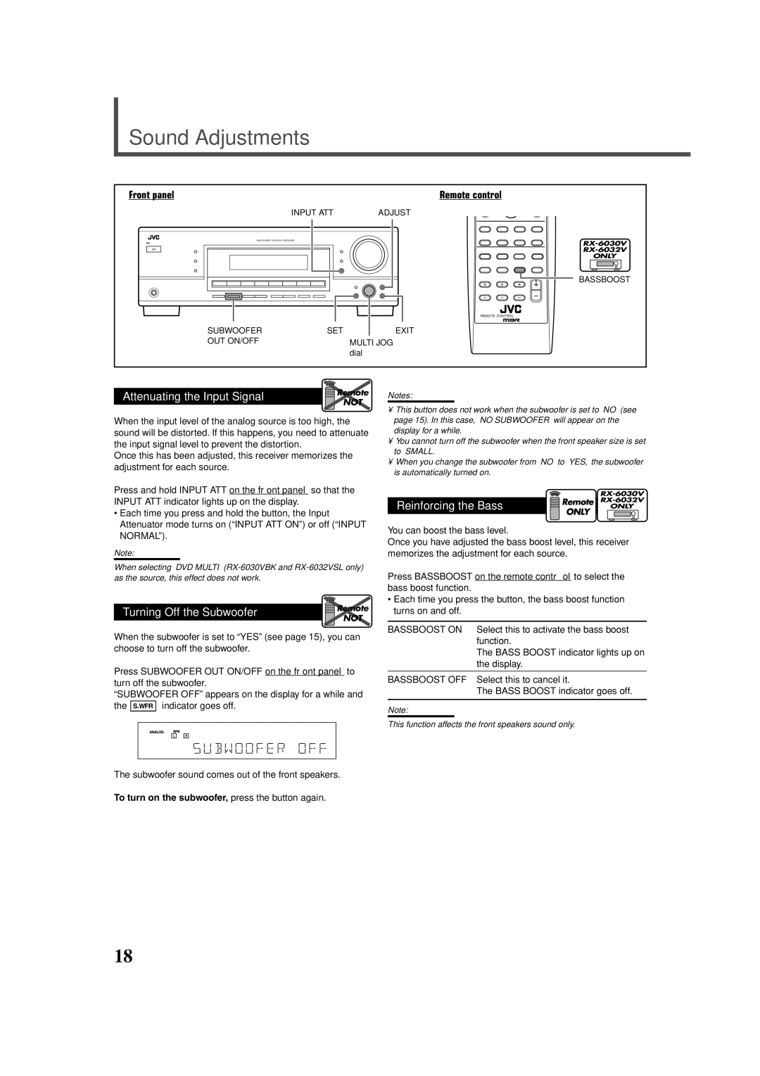 JVC RX-6030VBK, RX-6032VSL, RX-5032VSL manual Sound Adjustments, Subwoofer sound comes out of the front speakers 