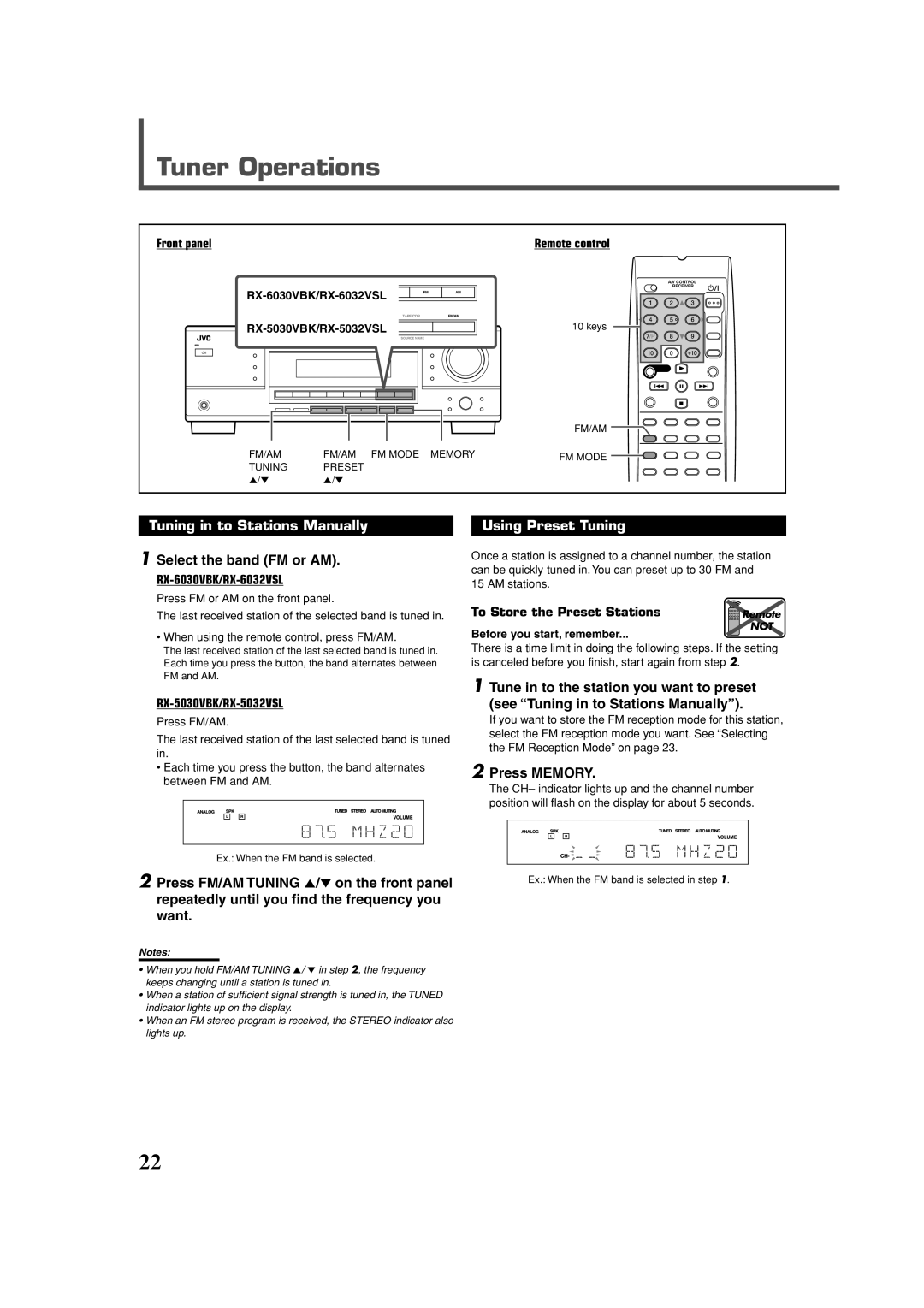 JVC RX-6032VSL, RX-5032VSL Tuner Operations, Tuning in to Stations Manually, Select the band FM or AM, Using Preset Tuning 