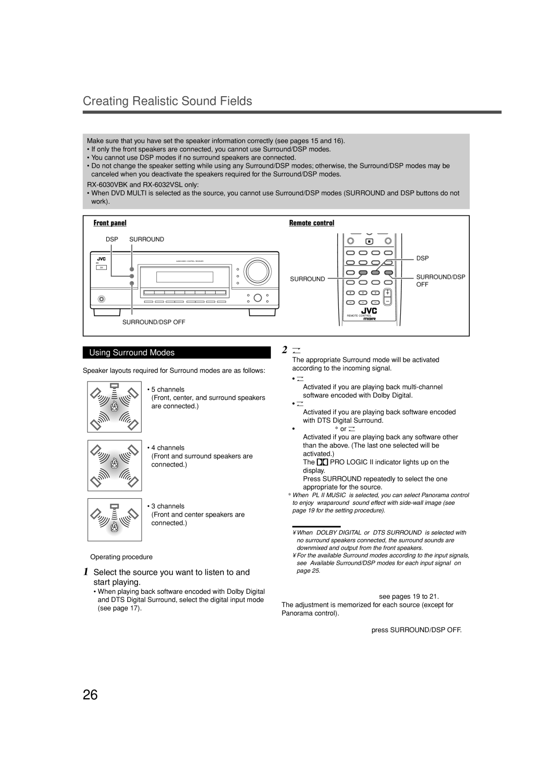 JVC RX-5032VSL, RX-6032VSL, RX-6030VBK manual Creating Realistic Sound Fields, Using Surround Modes, Press Surround 