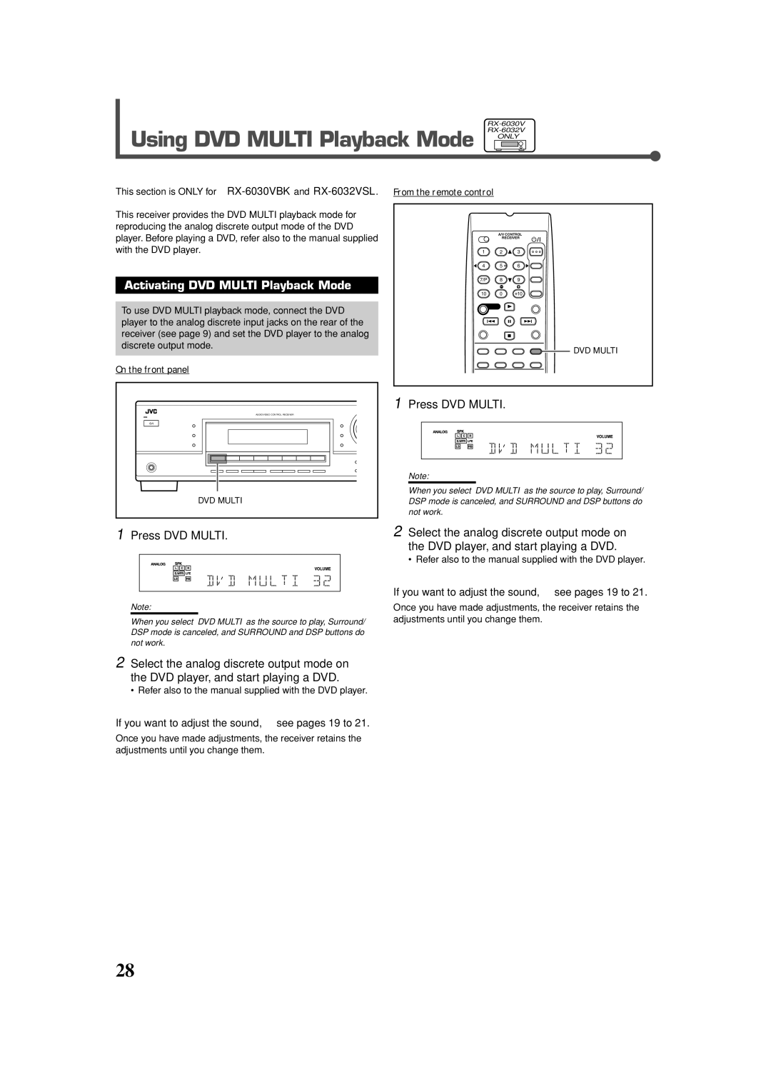 JVC RX-5032VSL Activating DVD Multi Playback Mode, Press DVD Multi, This section is only for RX-6030VBKand RX-6032VSL 