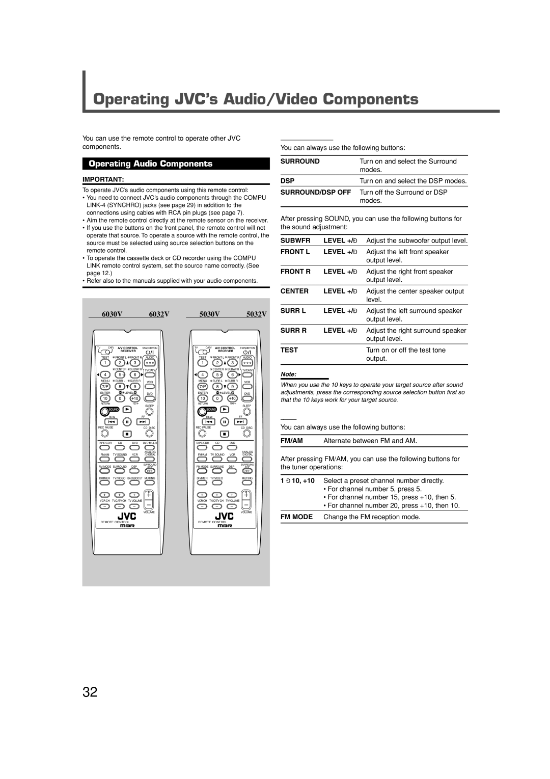 JVC RX-5032VSL, RX-6032VSL Operating JVC’s Audio/Video Components, Operating Audio Components, Sound Adjustment, Tuner 