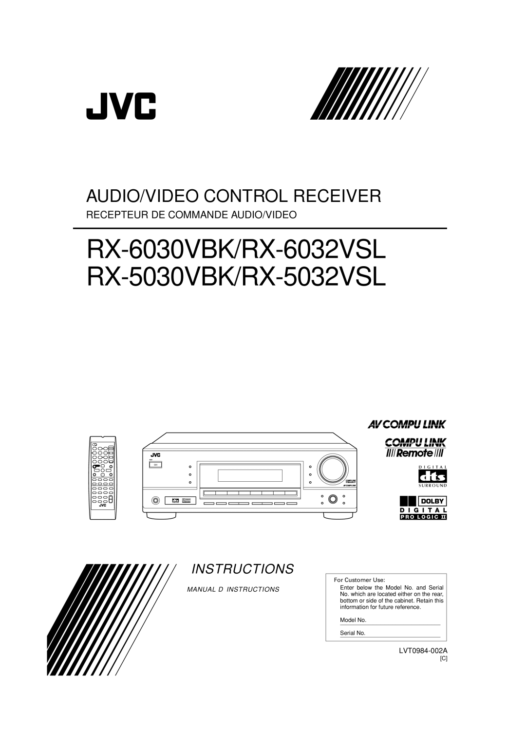 JVC RX-6032VSL, RX-5032VSL, RX-6030VBK manual Recepteur DE Commande AUDIO/VIDEO 