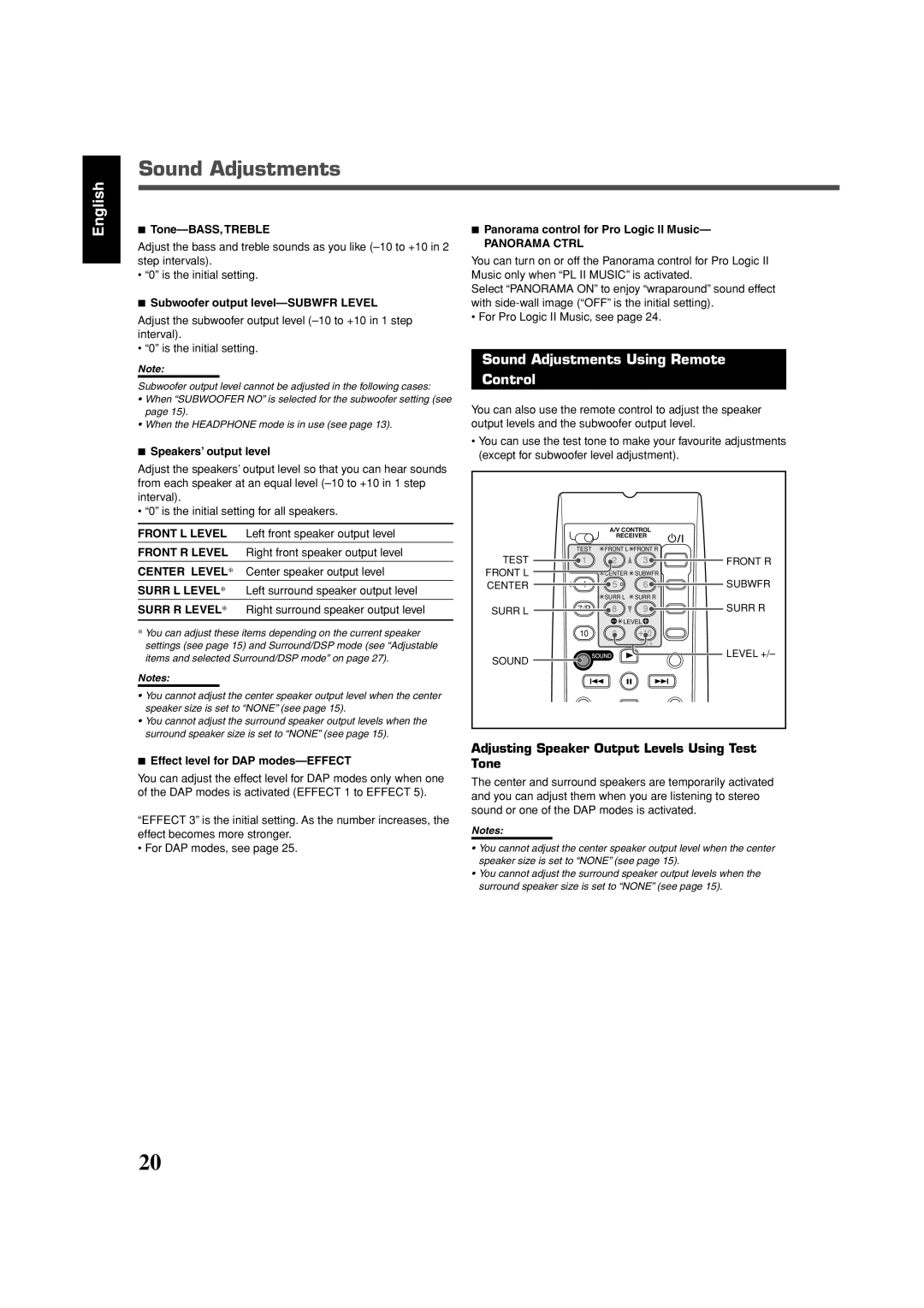 JVC RX-6032VSL, RX-5032VSL, RX-6030VBK manual Sound Adjustments 