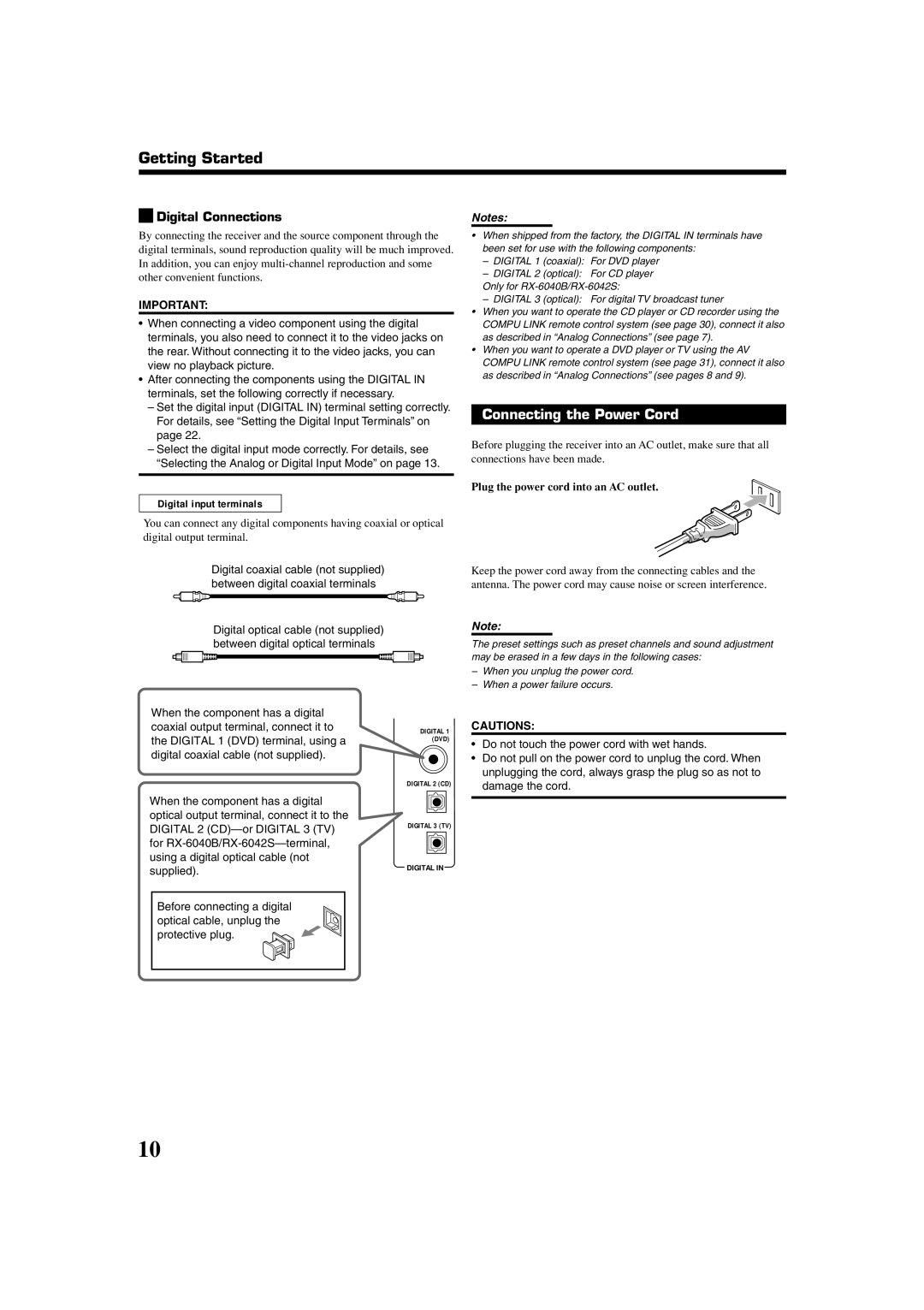 JVC RX-6042S, RX-6040B, RX-5040B manual Connecting the Power Cord, Digital Connections, Plug the power cord into an AC outlet 