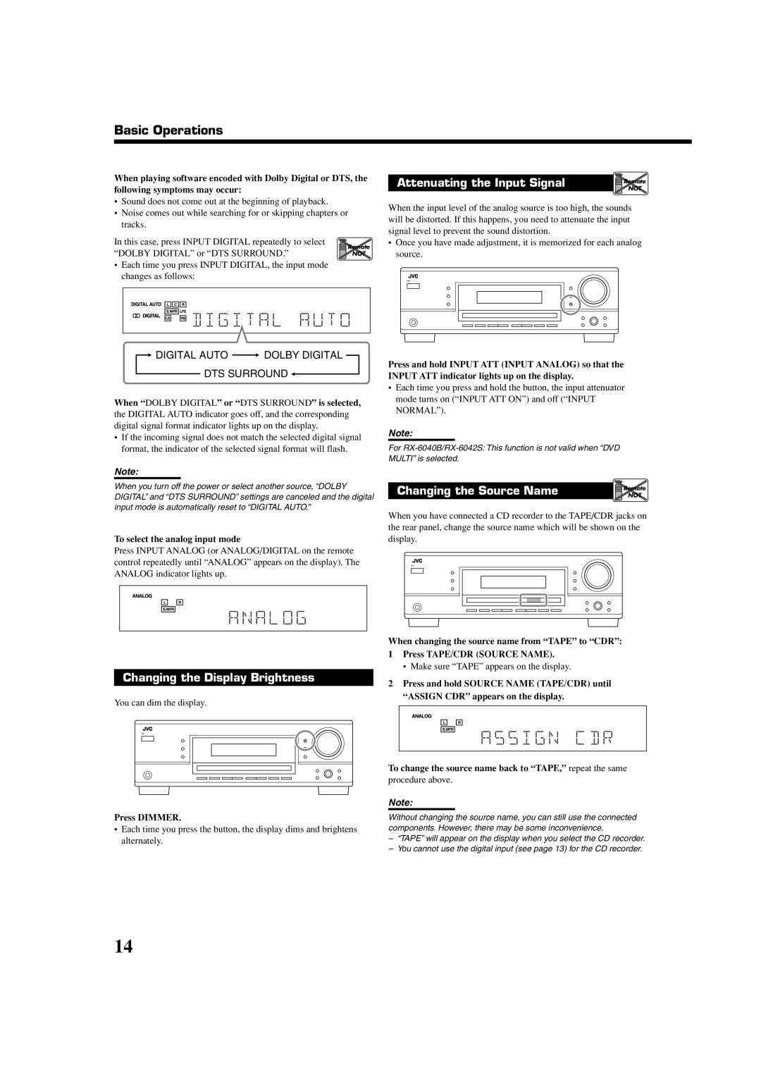 JVC RX-6040B, RX-6042S, RX-5040B manual Changing the Display Brightness, To select the analog input mode, Press Dimmer 