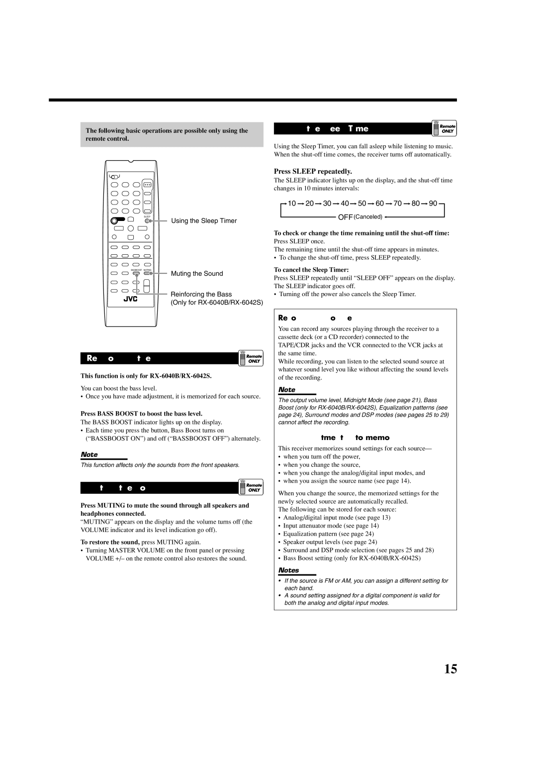 JVC RX-5040B, RX-6042S, RX-6040B manual Using the Sleep Timer, Reinforcing the Bass, Muting the Sound, Recording a source 