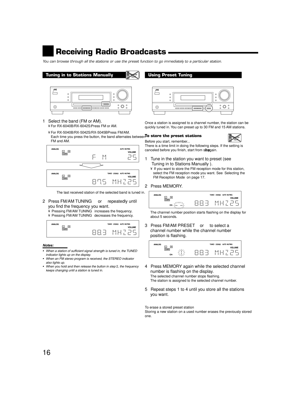 JVC RX-6042S Receiving Radio Broadcasts, Tuning in to Stations Manually, Using Preset Tuning, Select the band FM or AM 