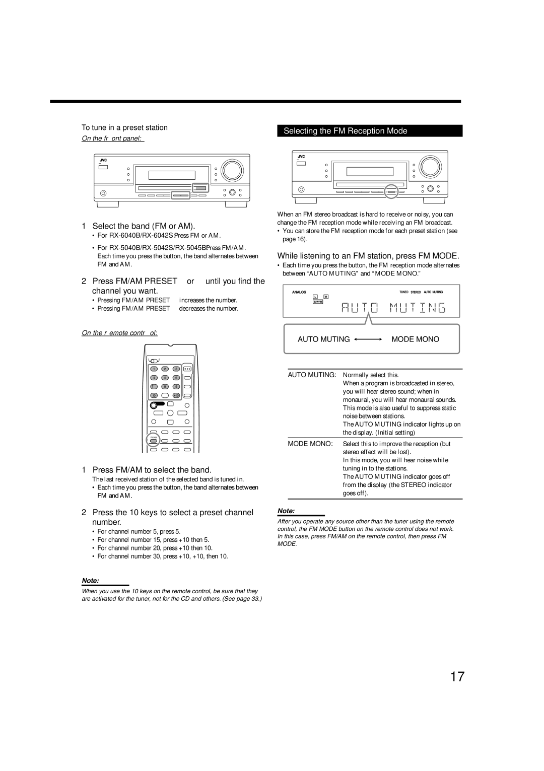 JVC RX-6040B, RX-6042S, RX-5040B manual Press FM/AM to select the band, Press the 10 keys to select a preset channel number 