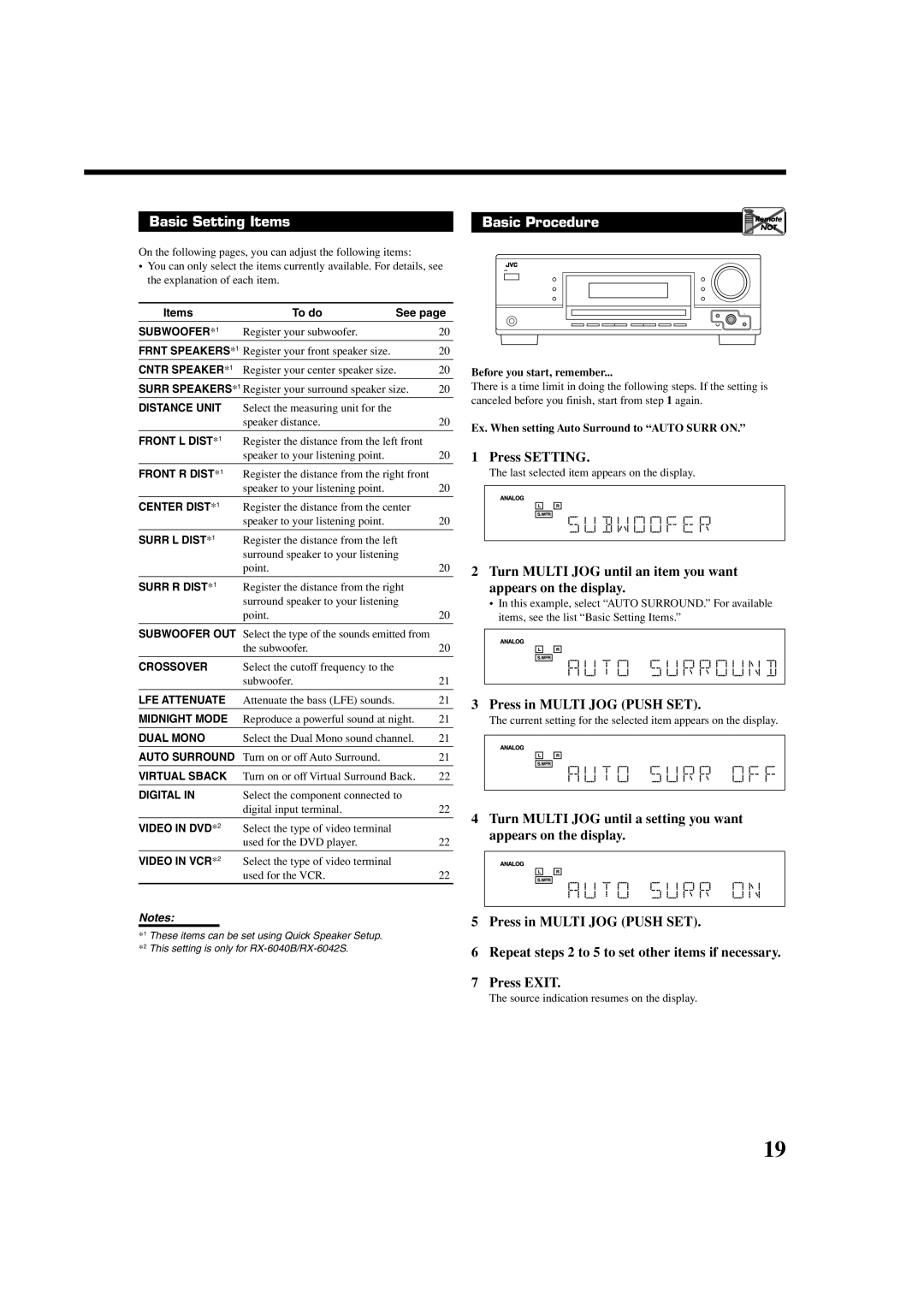 JVC RX-6042S, RX-6040B, RX-5040B manual Basic Setting Items, Press Setting, Ex. When setting Auto Surround to Auto Surr on 