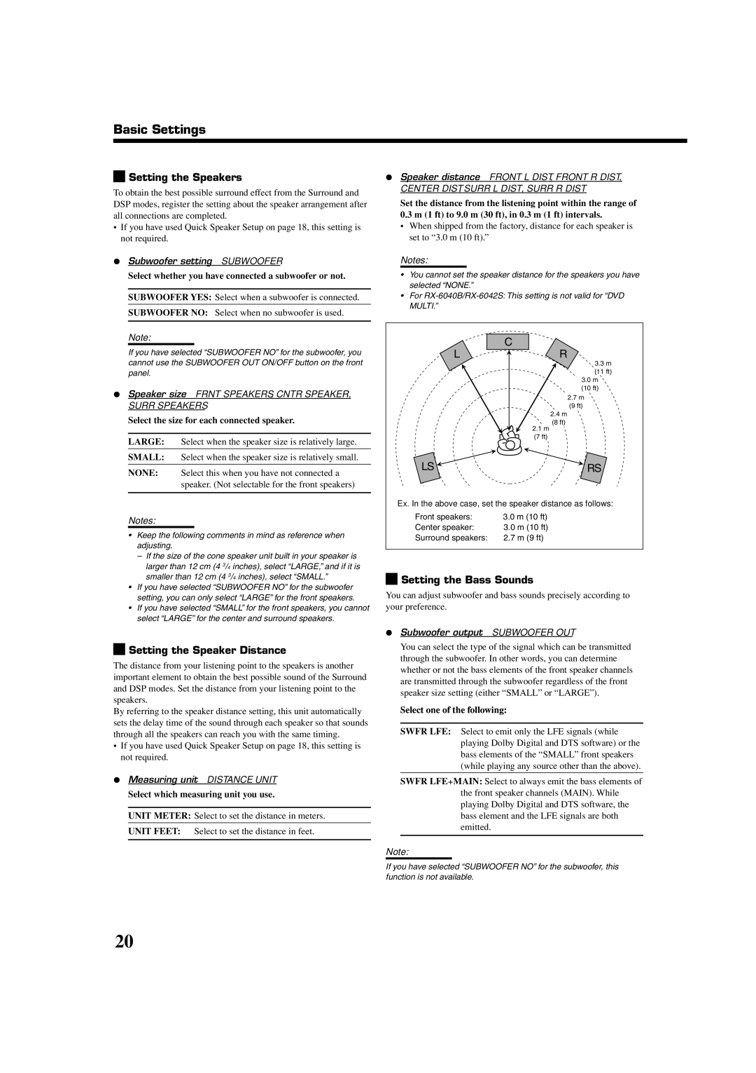 JVC RX-6040B, RX-6042S manual Basic Settings, Setting the Speakers, Setting the Speaker Distance, Setting the Bass Sounds 