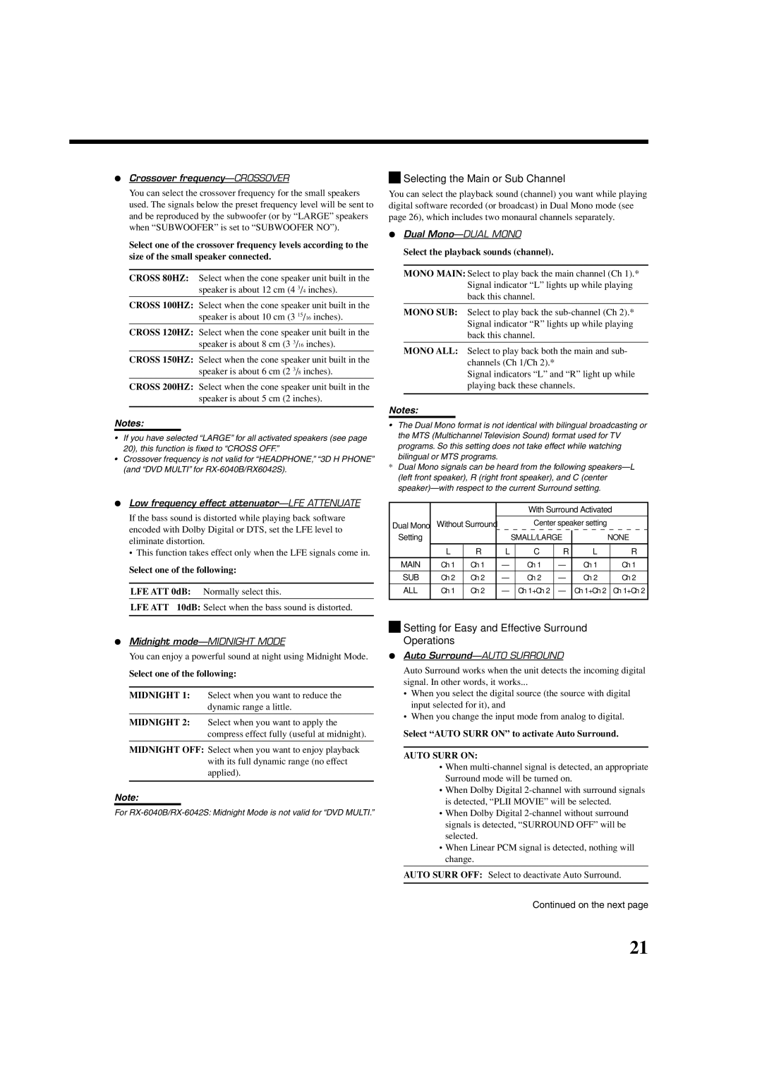 JVC RX-5040B, RX-6042S, RX-6040B manual Selecting the Main or Sub Channel, Setting for Easy and Effective Surround Operations 