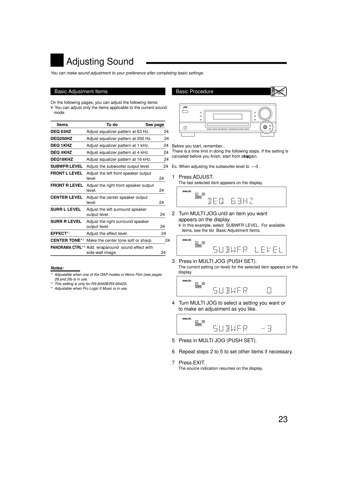 JVC RX-6040B, RX-6042S Adjusting Sound, Basic Adjustment Items, Press Adjust, Ex. When adjusting the subwoofer level to 