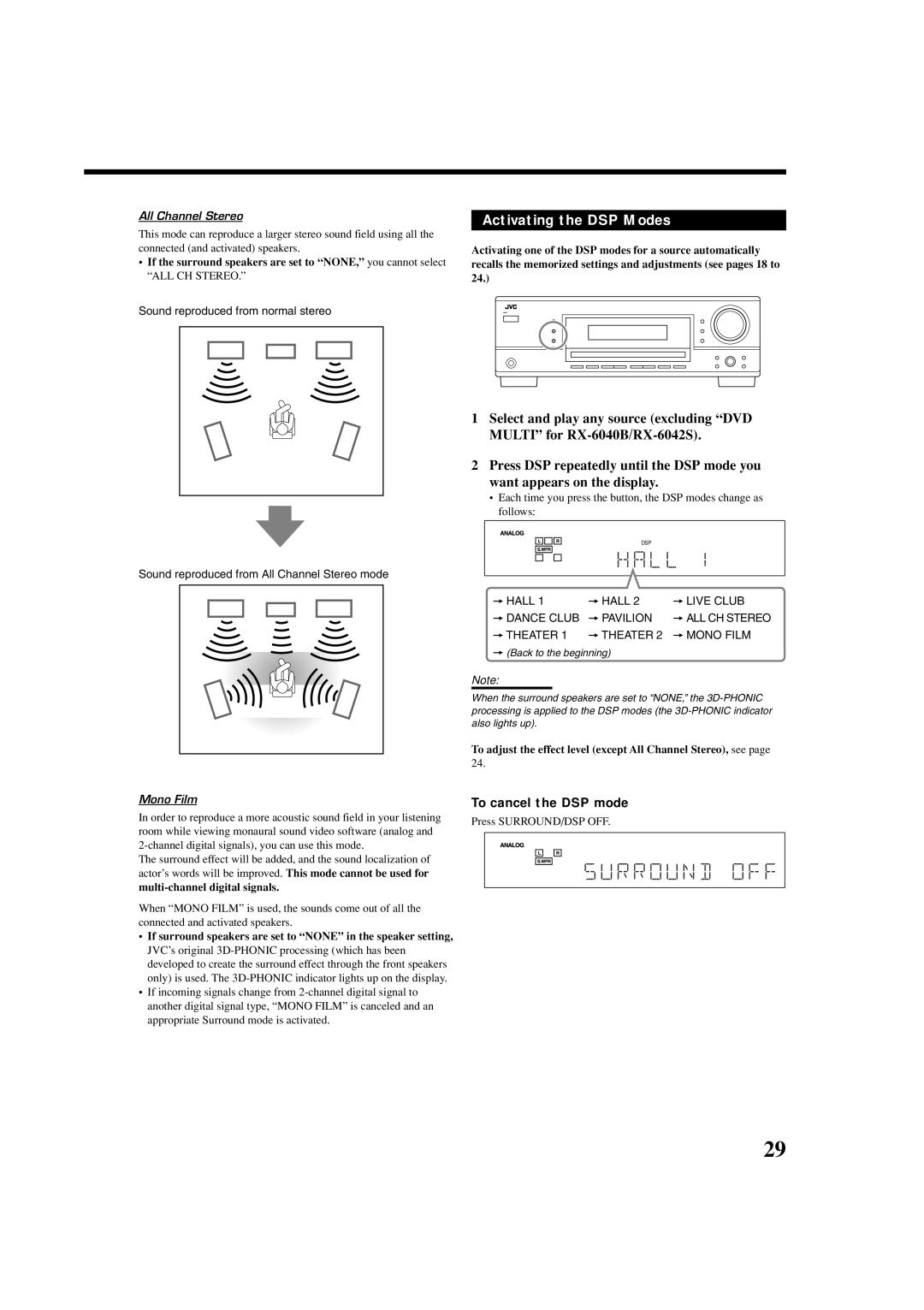 JVC RX-6040B, RX-6042S, RX-5040B manual Activating the DSP Modes, To cancel the DSP mode, Multi-channel digital signals 