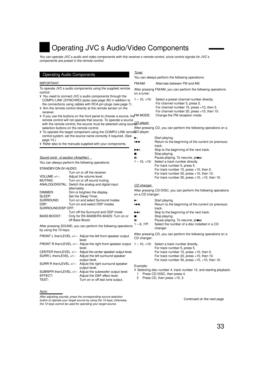 JVC RX-5040B, RX-6042S, RX-6040B manual Operating JVC’s Audio/Video Components, Operating Audio Components 