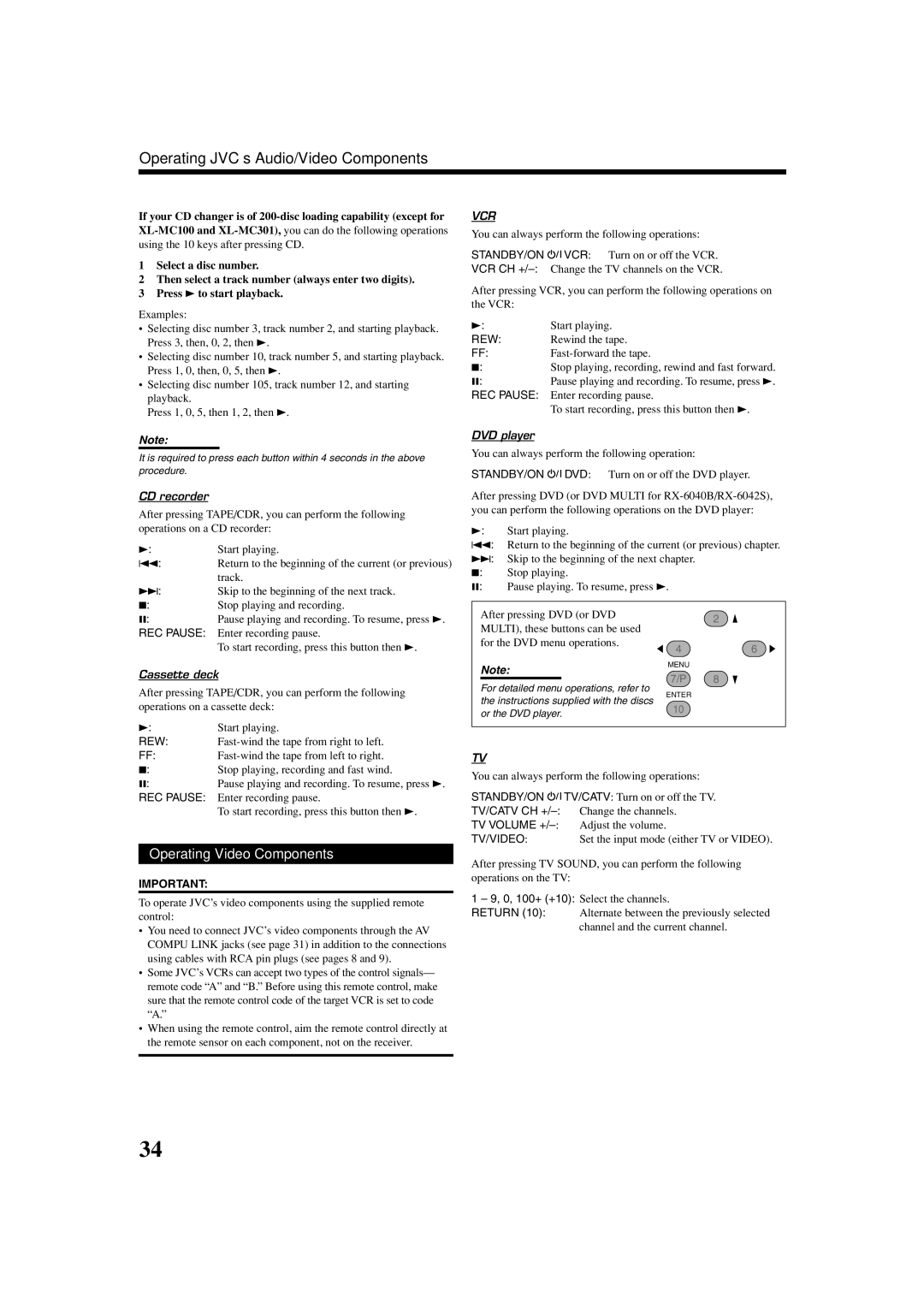 JVC RX-6042S Operating JVC’s Audio/Video Components, Operating Video Components, CD recorder, DVD player, Cassette deck 