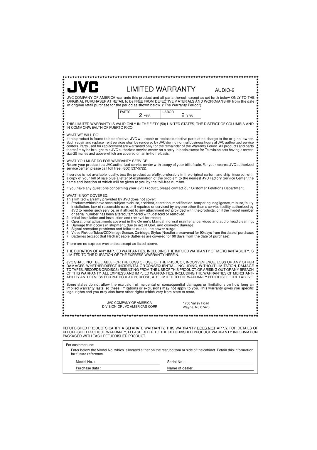 JVC RX-6042S, RX-6040B, RX-5040B manual Limited WARRANTYAUDIO-2 