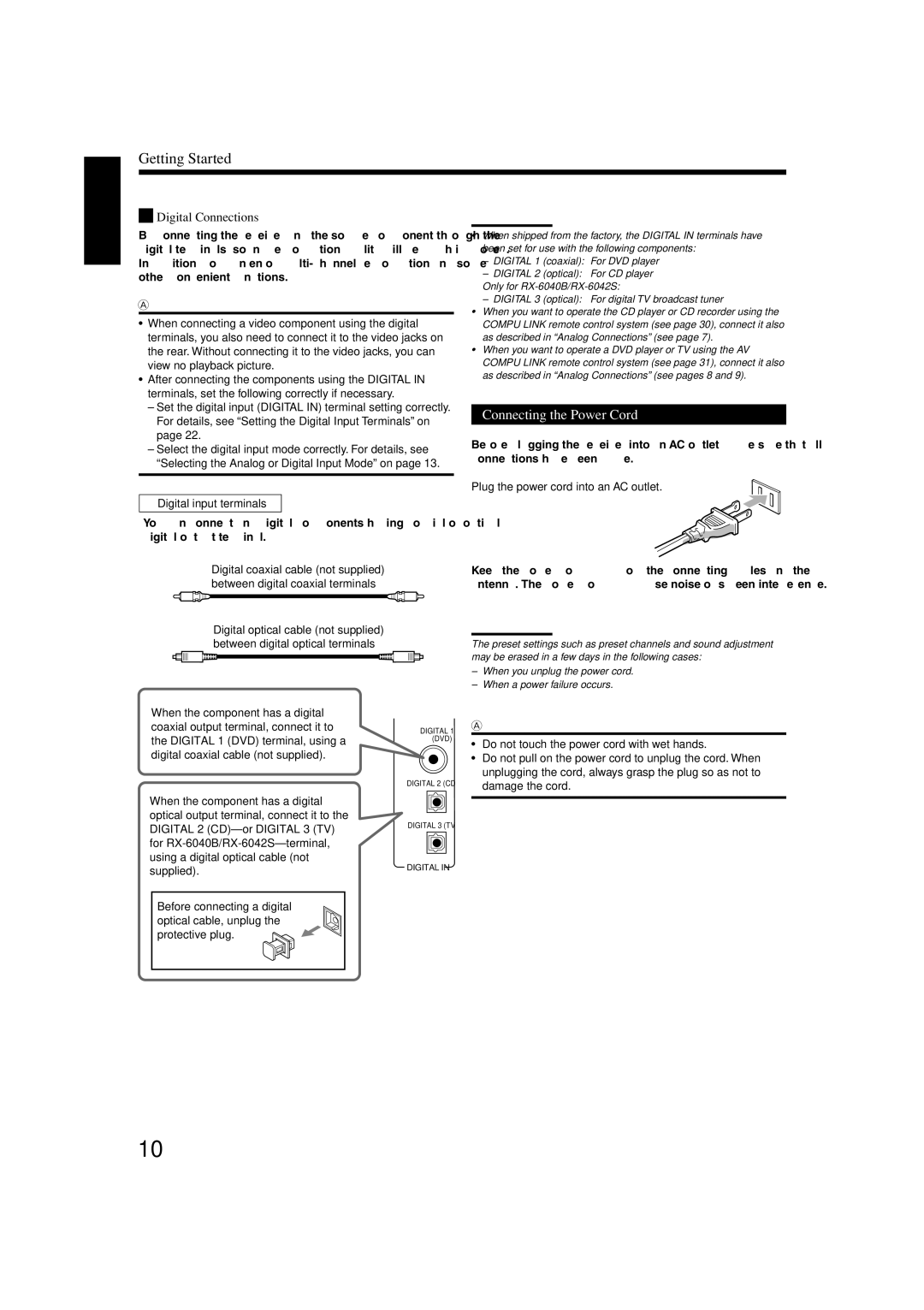 JVC RX-5040B, RX-6042S, RX-6040B manual Connecting the Power Cord 