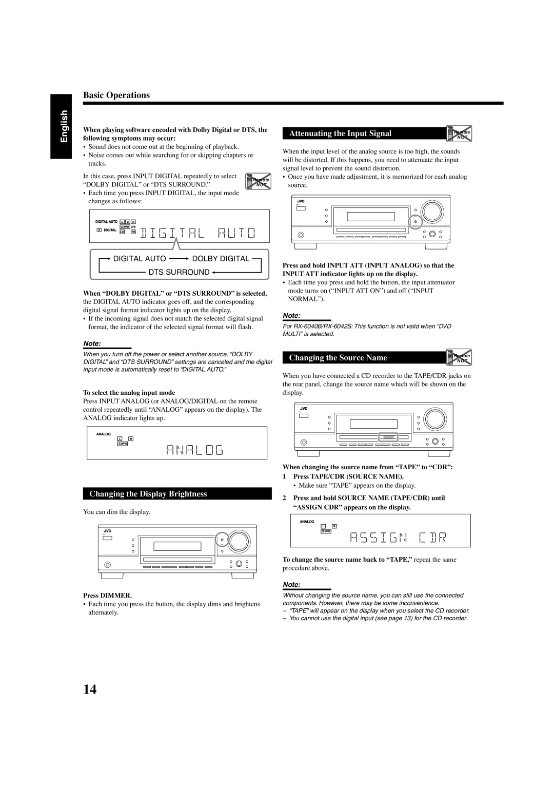 JVC RX-6042S, RX-6040B, RX-5040B manual When Dolby Digital or DTS Surround is selected, To select the analog input mode 