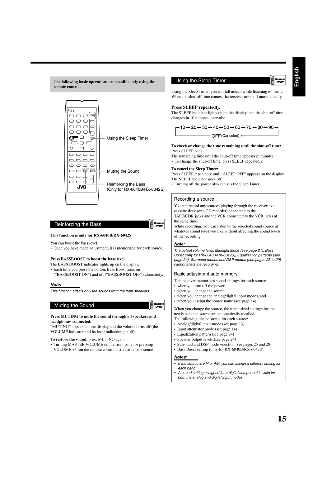 JVC RX-6040B, RX-6042S, RX-5040B manual Using the Sleep Timer, Press Bassboost to boost the bass level 