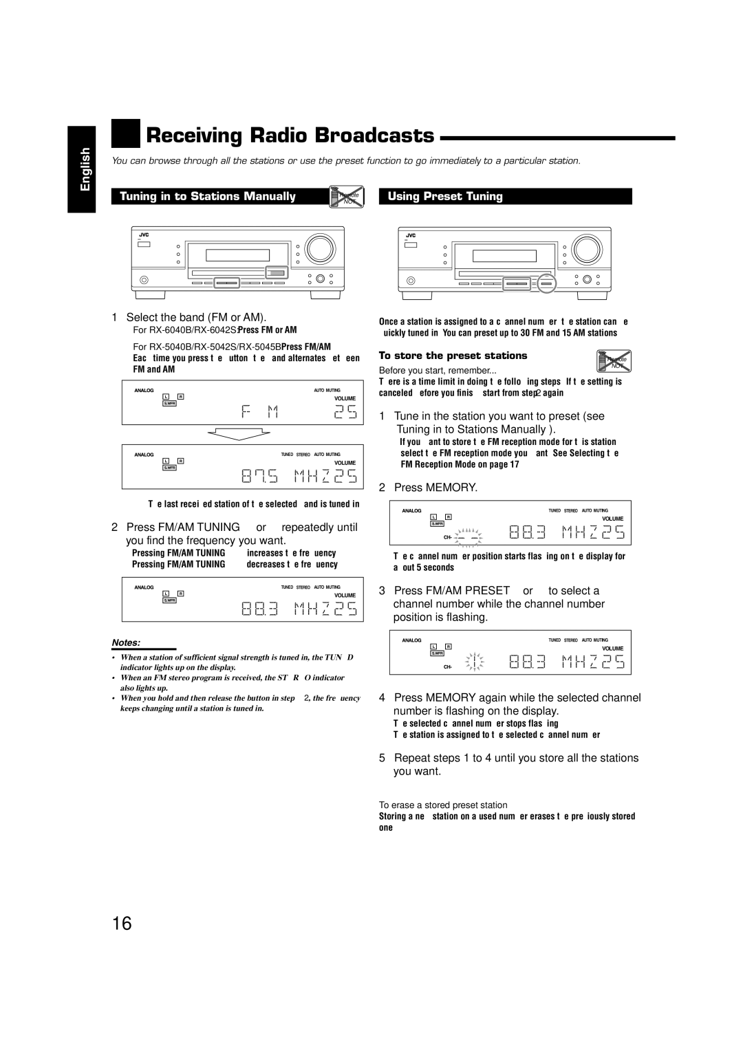 JVC RX-5040B, RX-6042S, RX-6040B manual Tuning in to Stations Manually 